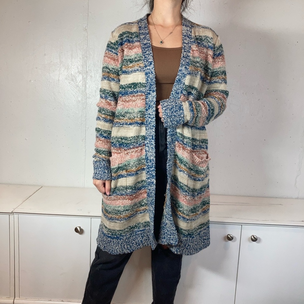 Knit Boho Striped Rag Rug Longline Cardigan Duster - Picture 3 of 9
